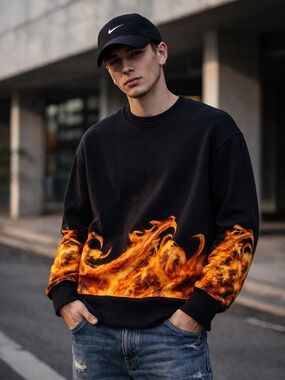 Givenchy Black Sweater with Orange Flame Design Authentic made in Italy sz M